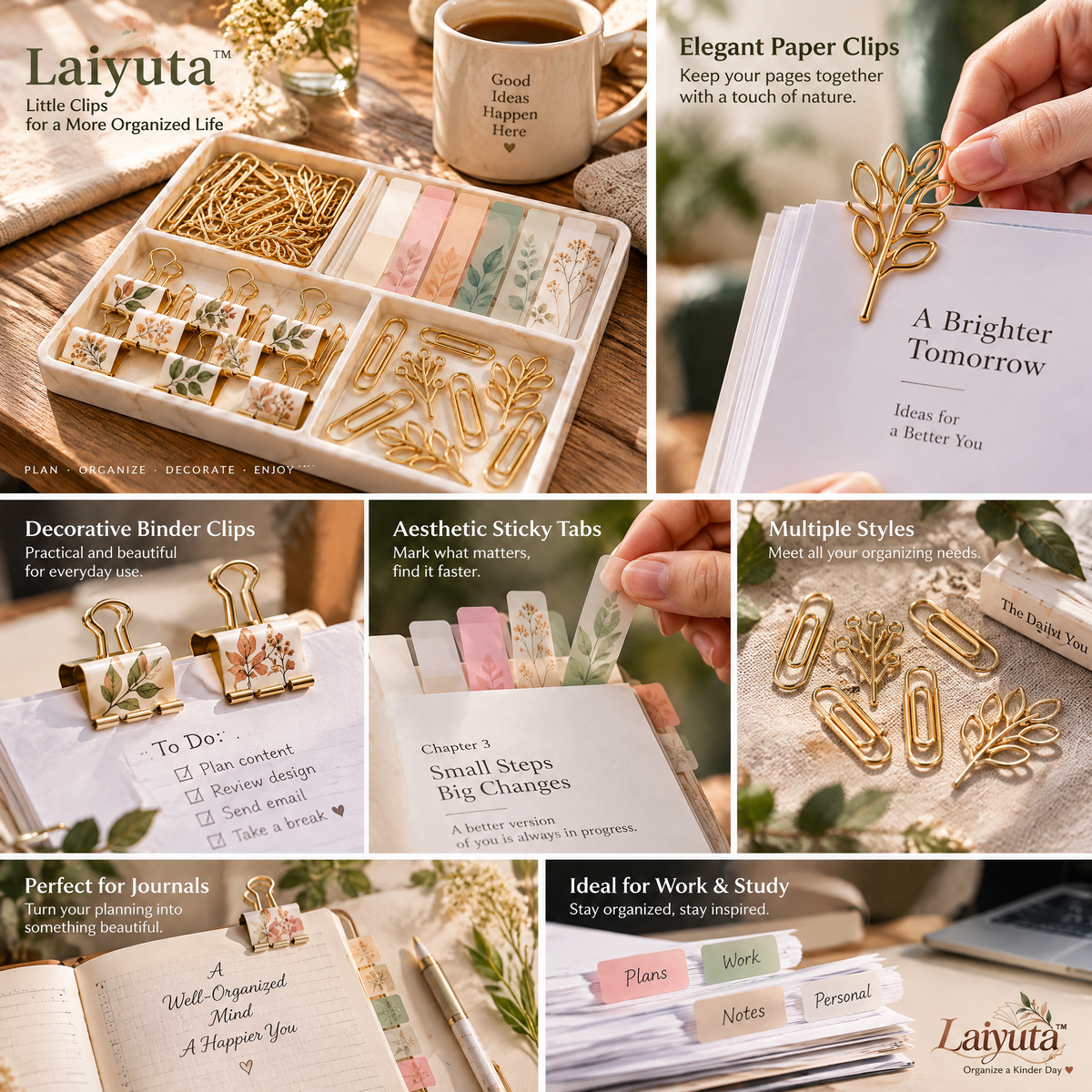 Laiyuta™ Gold Paper Clip & Page Tab Set detail view